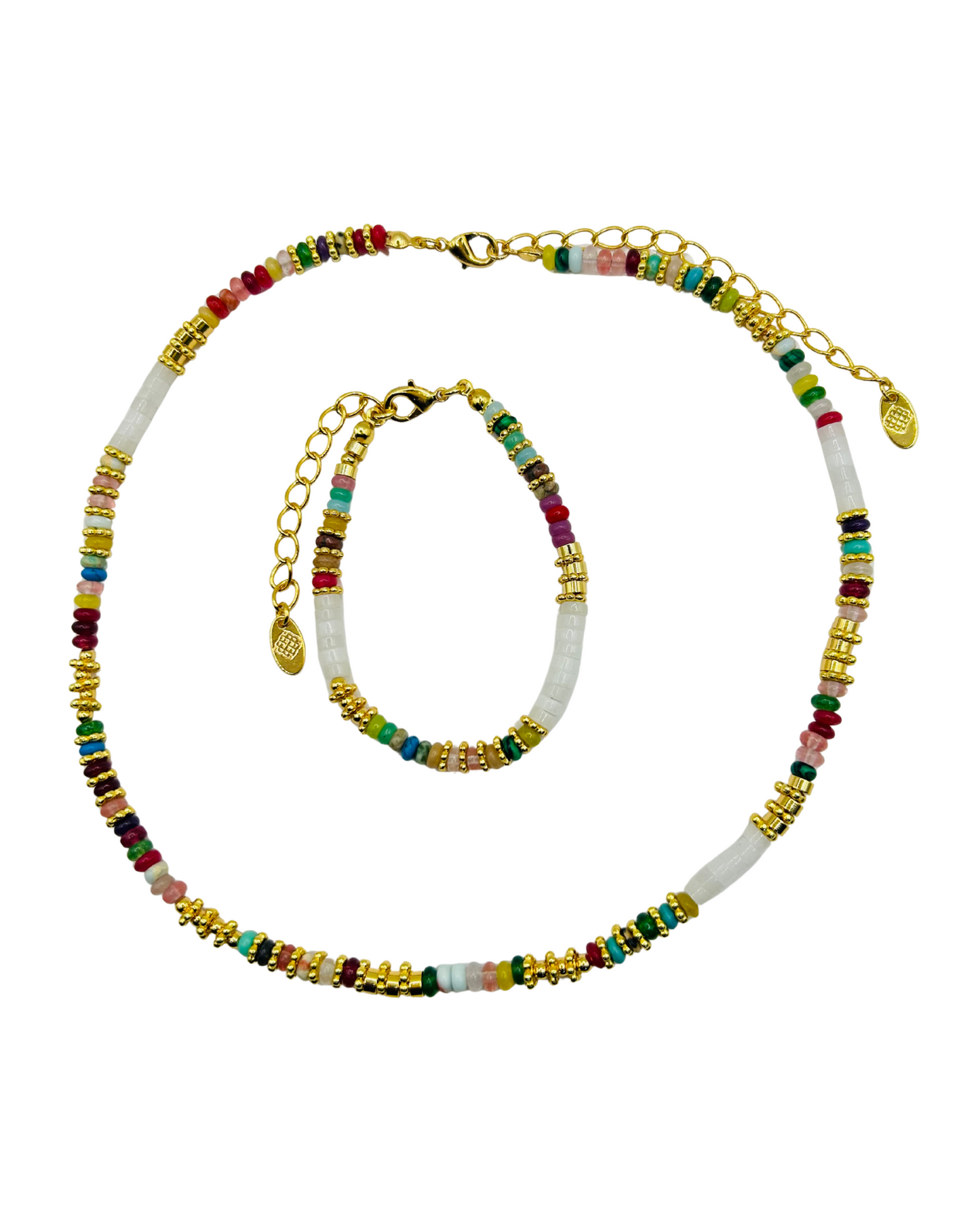 Colorful beaded necklace and bracelet set on a white background