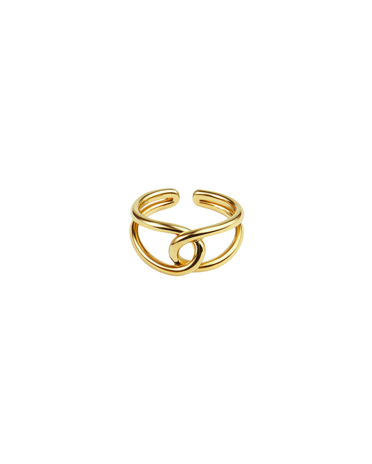 Gold open ring on a white background. Gold Bria Ring with open spiral design on white background.