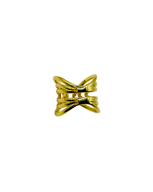 Gold ring with a unique design on a white background. Kira Ring in gold – sculptural multi-band statement ring on white background, for women.