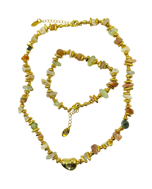 Necklace with multicolored beads and gold accents on a white background. Adjustable gold-accent bracelet with multi-color natural stones – Molly Set.