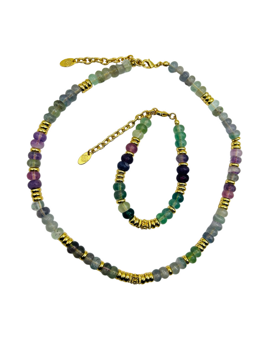 Necklace with multicolored beads and gold accents on a white background