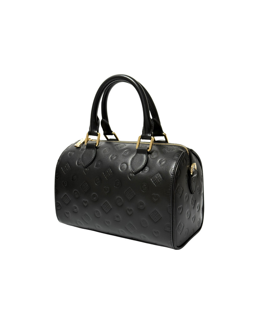 Black embossed handbag on a white background