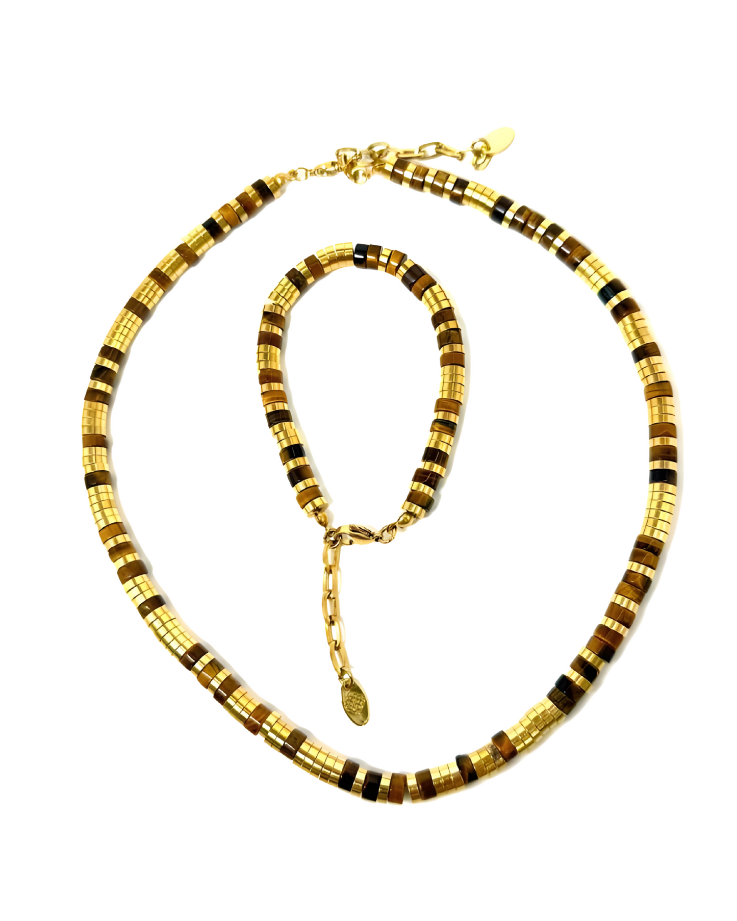 A set of gold-plated jewelry, including a necklace and a bracelet with brown tiger-eye beads and a clasp.
