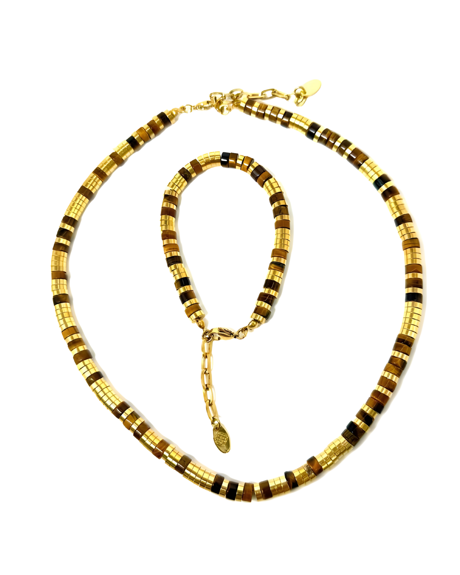 A set of gold-plated jewelry, including a necklace and a bracelet with brown tiger-eye beads and a clasp.