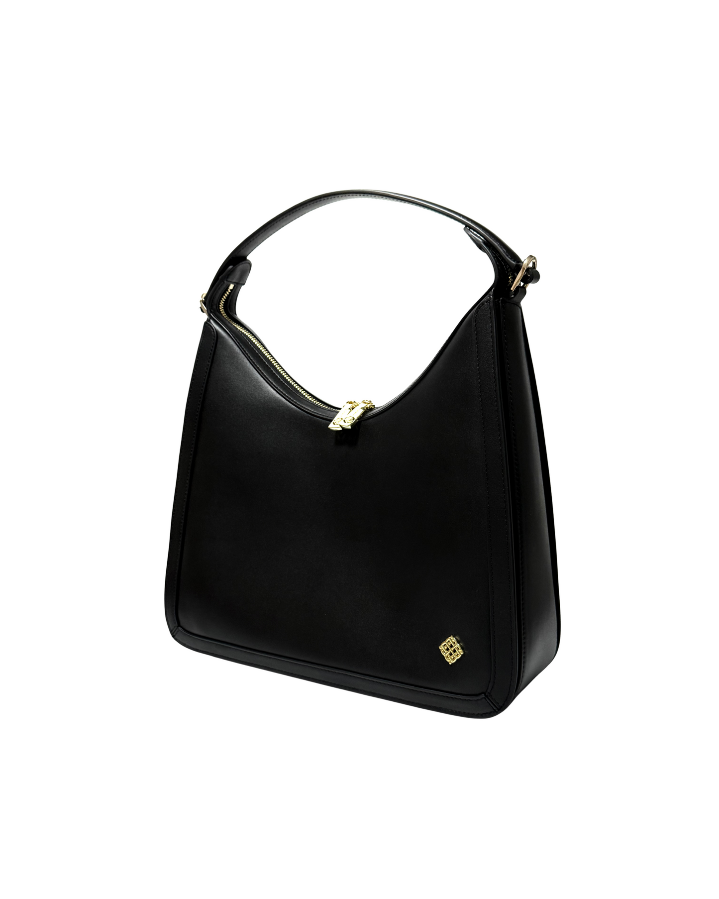 Black handbag with gold accents on a white background.