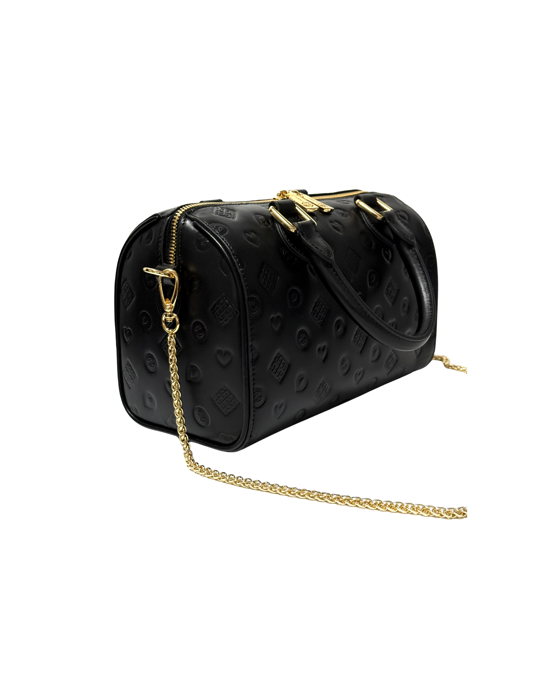 Black embossed handbag with gold chain and hardware on a white background