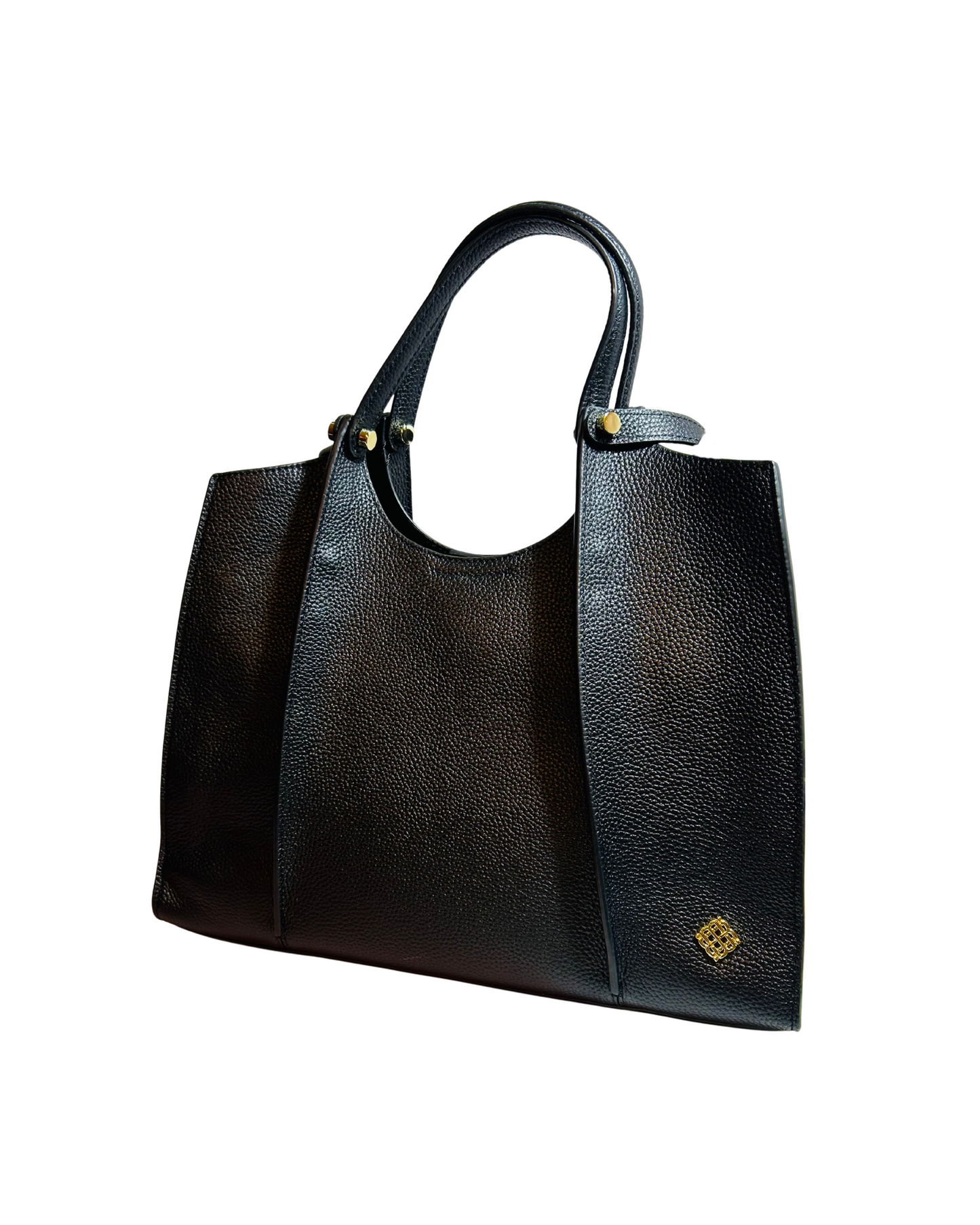 Black leather handbag on a white background. Clara black beaded leather handbag with gold detailing and dual handles.