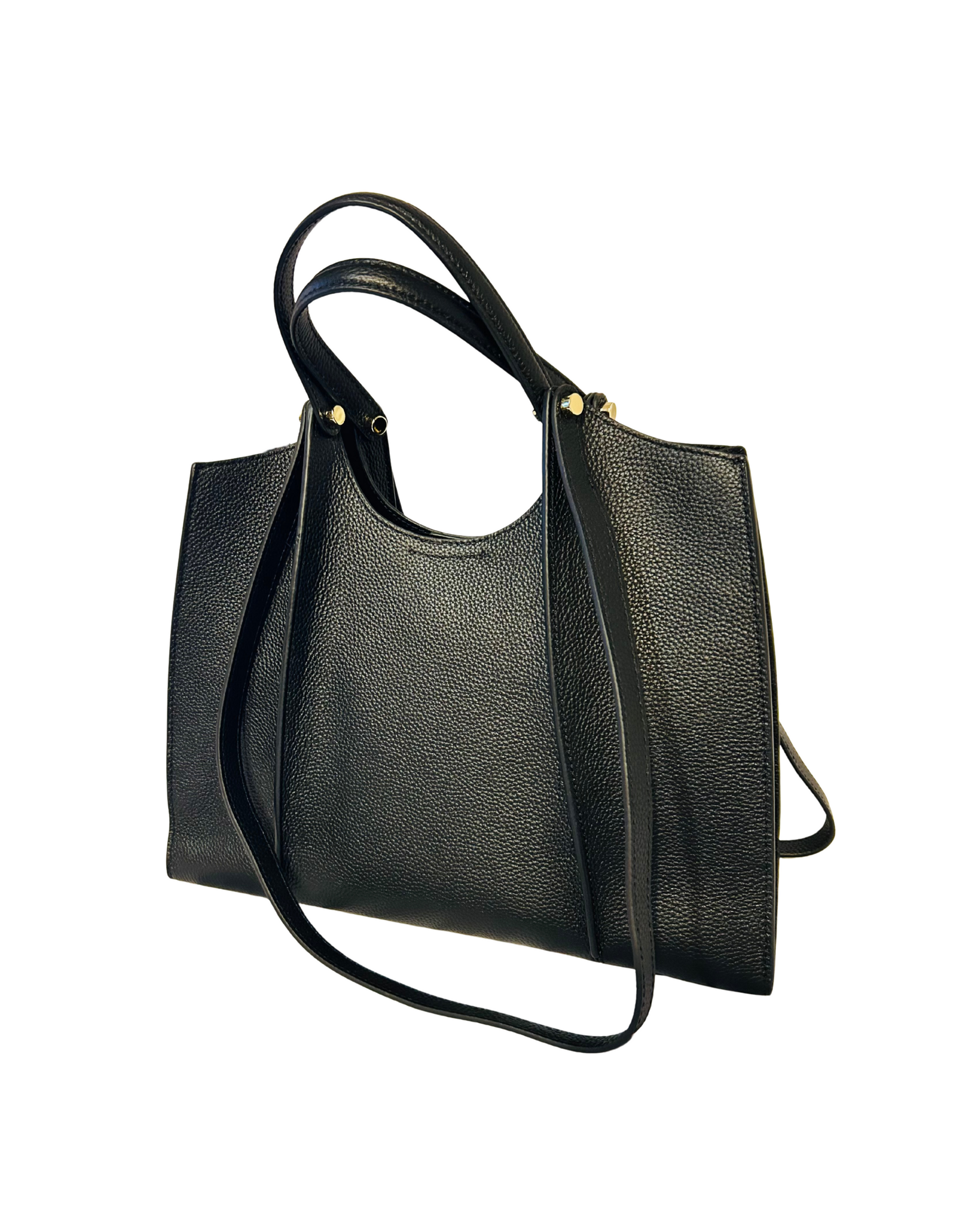 Black handbag with a shoulder strap on a white background. Female Close-up of Clara handbag gold hardware and textured leather.