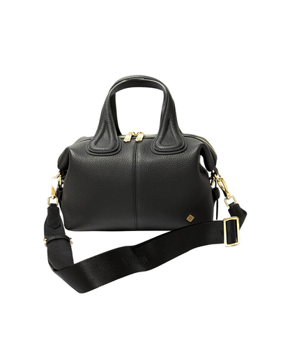 Black handbag with gold accents on a white background. Female Black Maya Handbag front view with gold hardware and adjustable strap