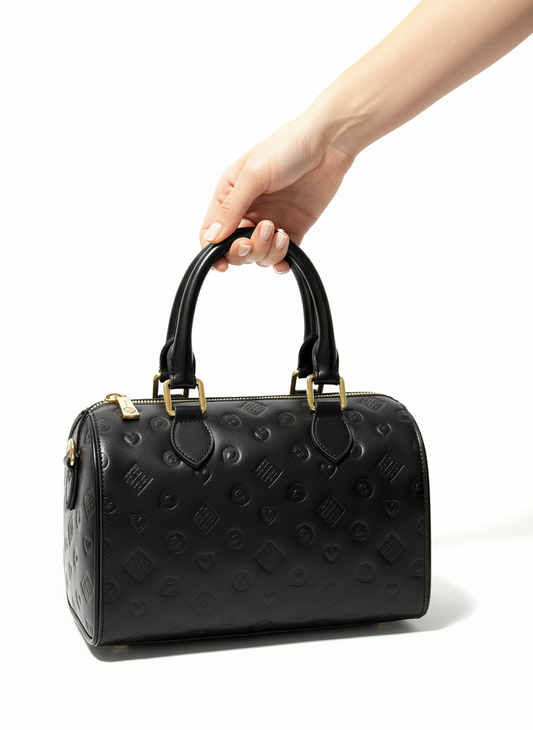Female Black embossed structured handbag with gold hardware  front angle