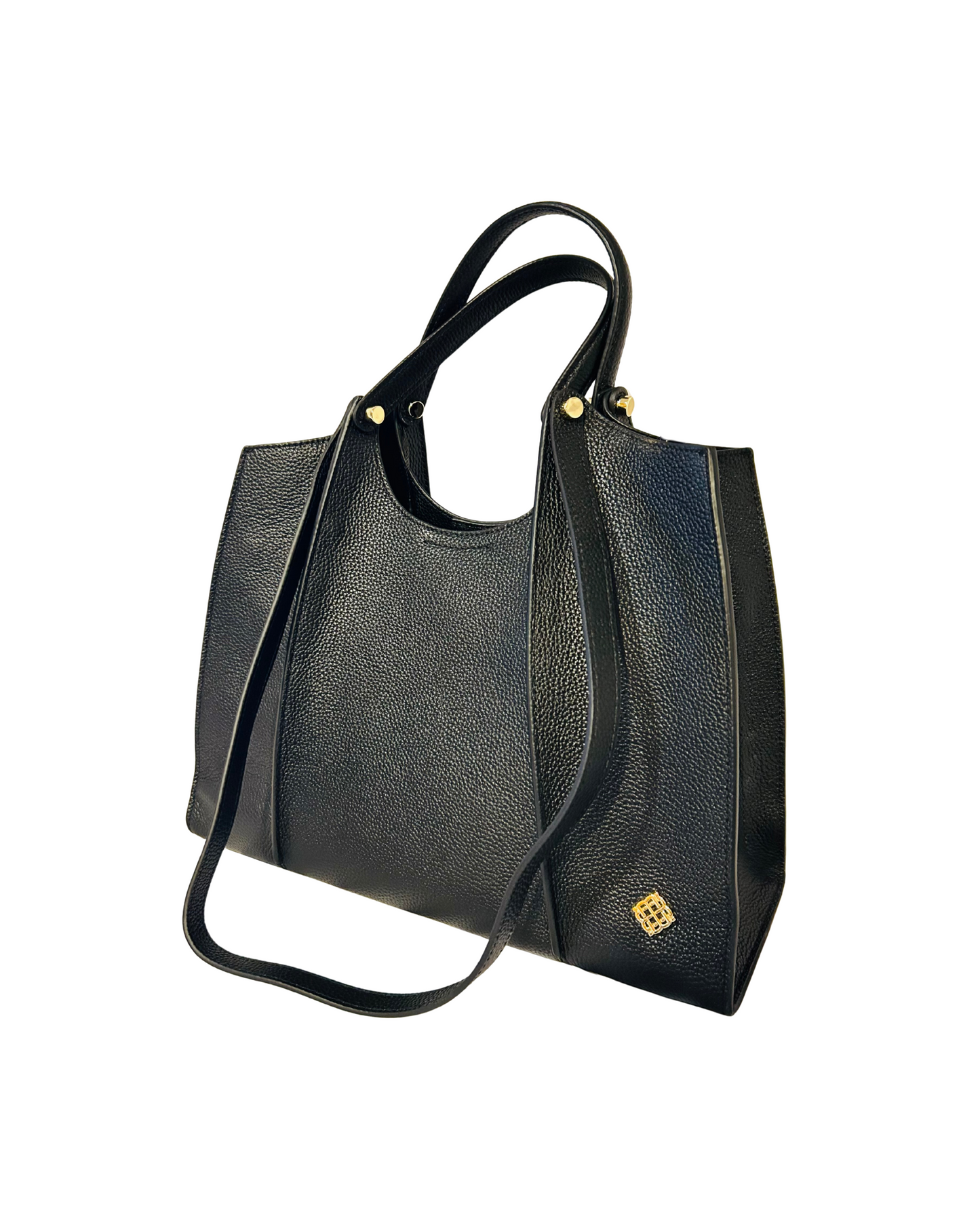 Black handbag with a strap on a white background. Side view of Clara black textured handbag with long shoulder strap.