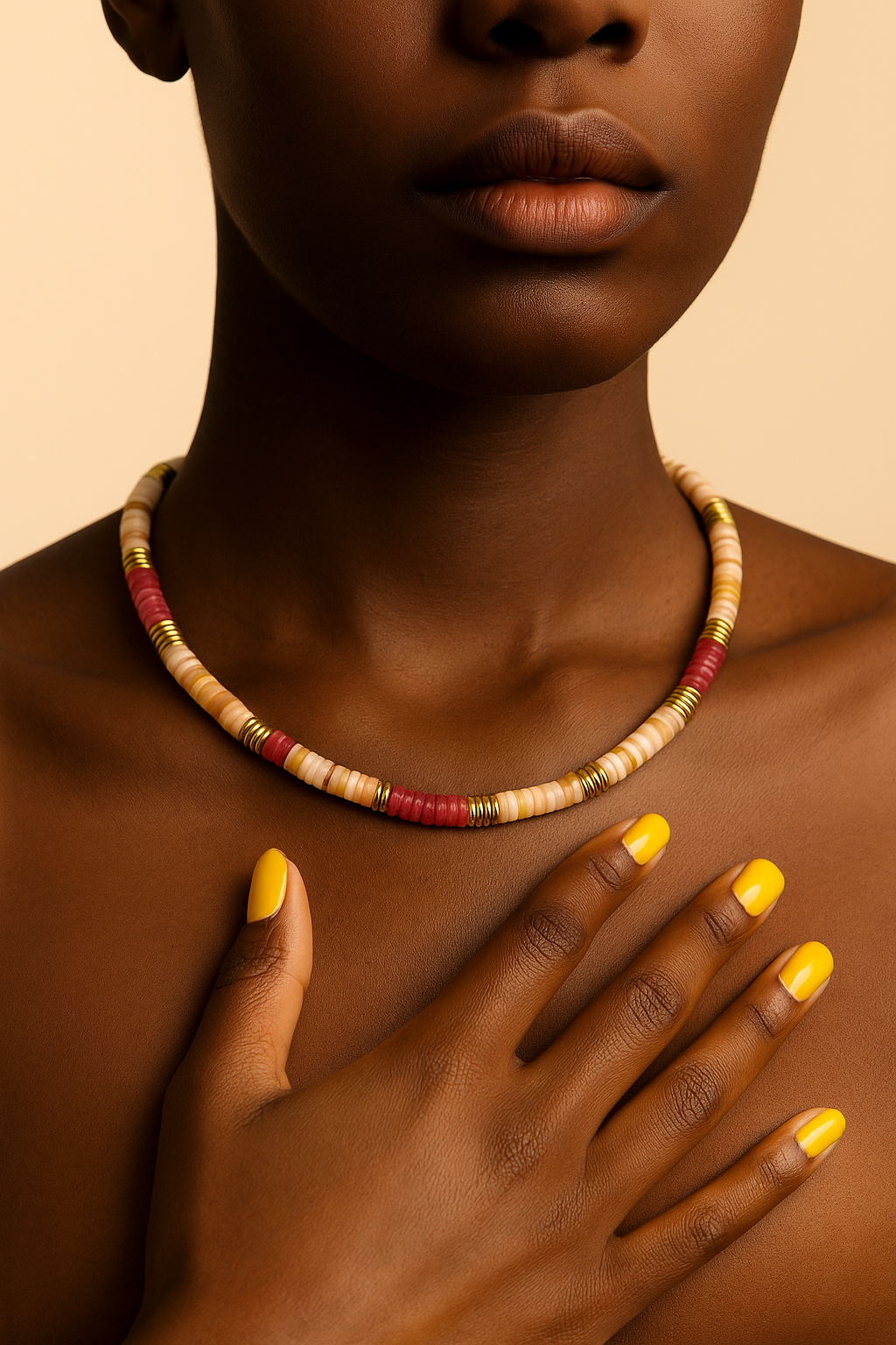 Female Fynn Set pink and peach heishi bead necklace and bracelet with gold accents.