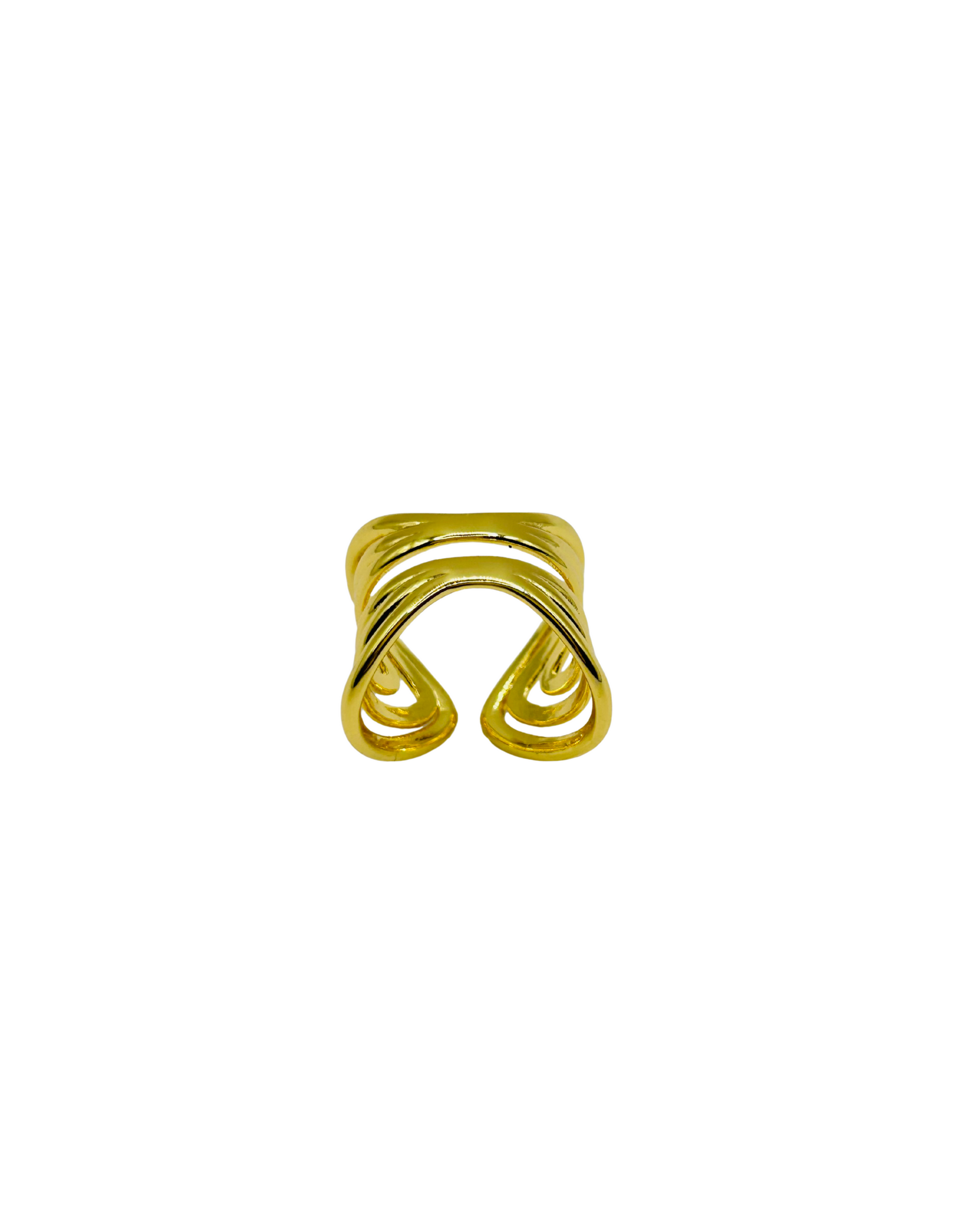 Gold ring with a wavy design on a white background. Gold and bold contemporary statement ring – Kira Ring by Miriama.