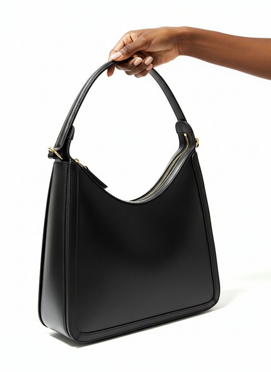 Black Gemma Handbag with gold hardware on white background, structured minimalist design.