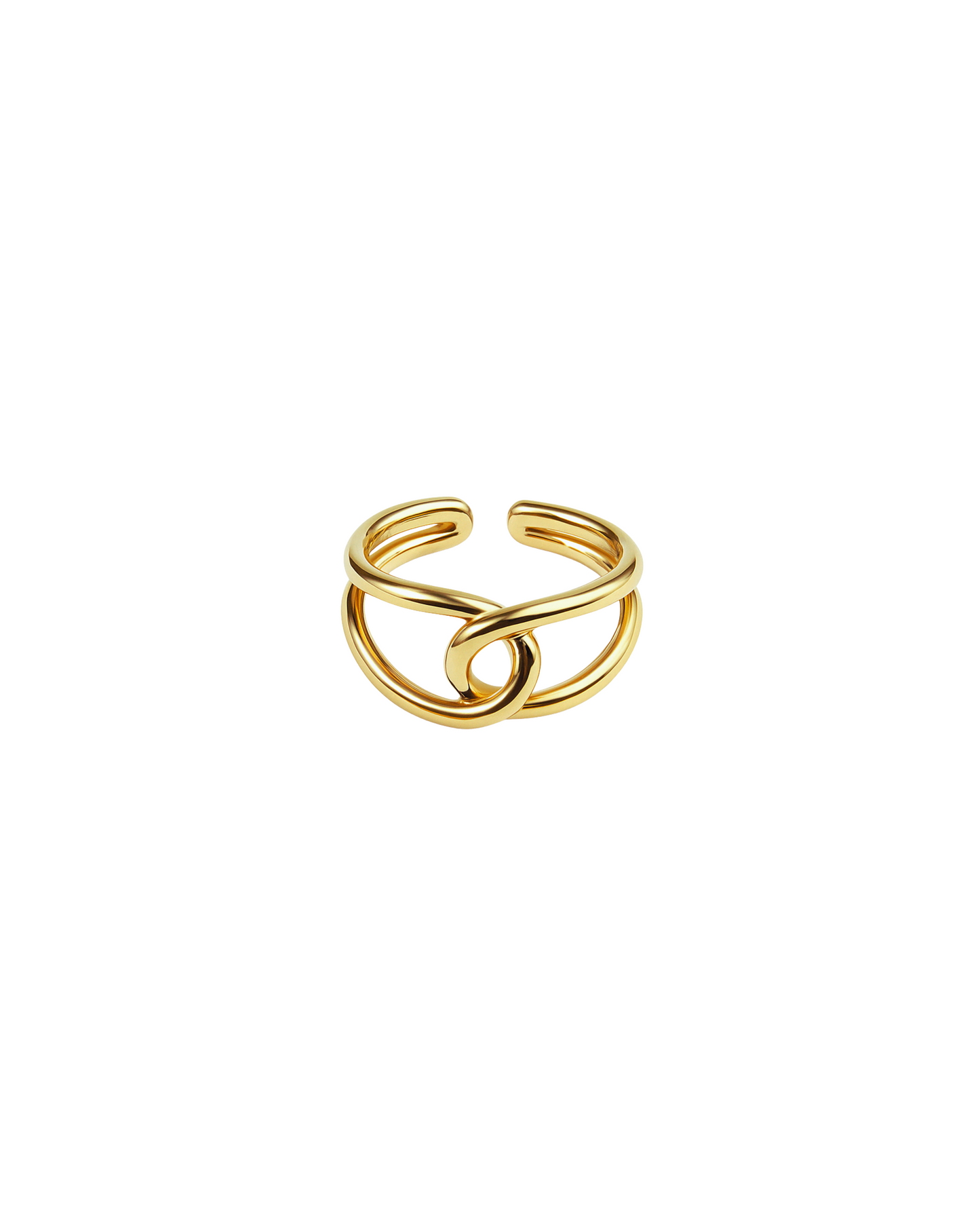 Gold open ring on a white background. Gold Bria Ring with open spiral design on white background.