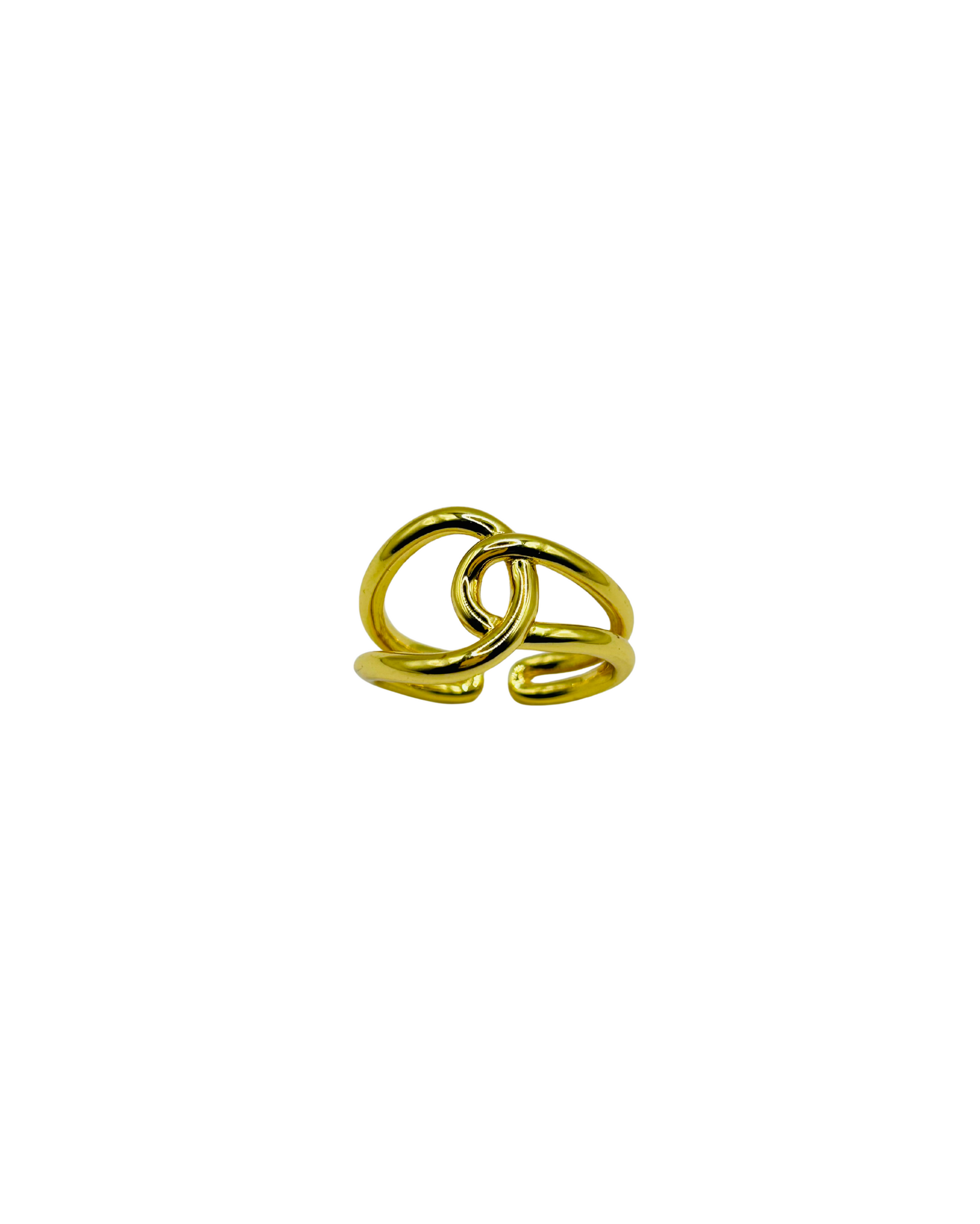 Gold ring with interlocking loops on a white background