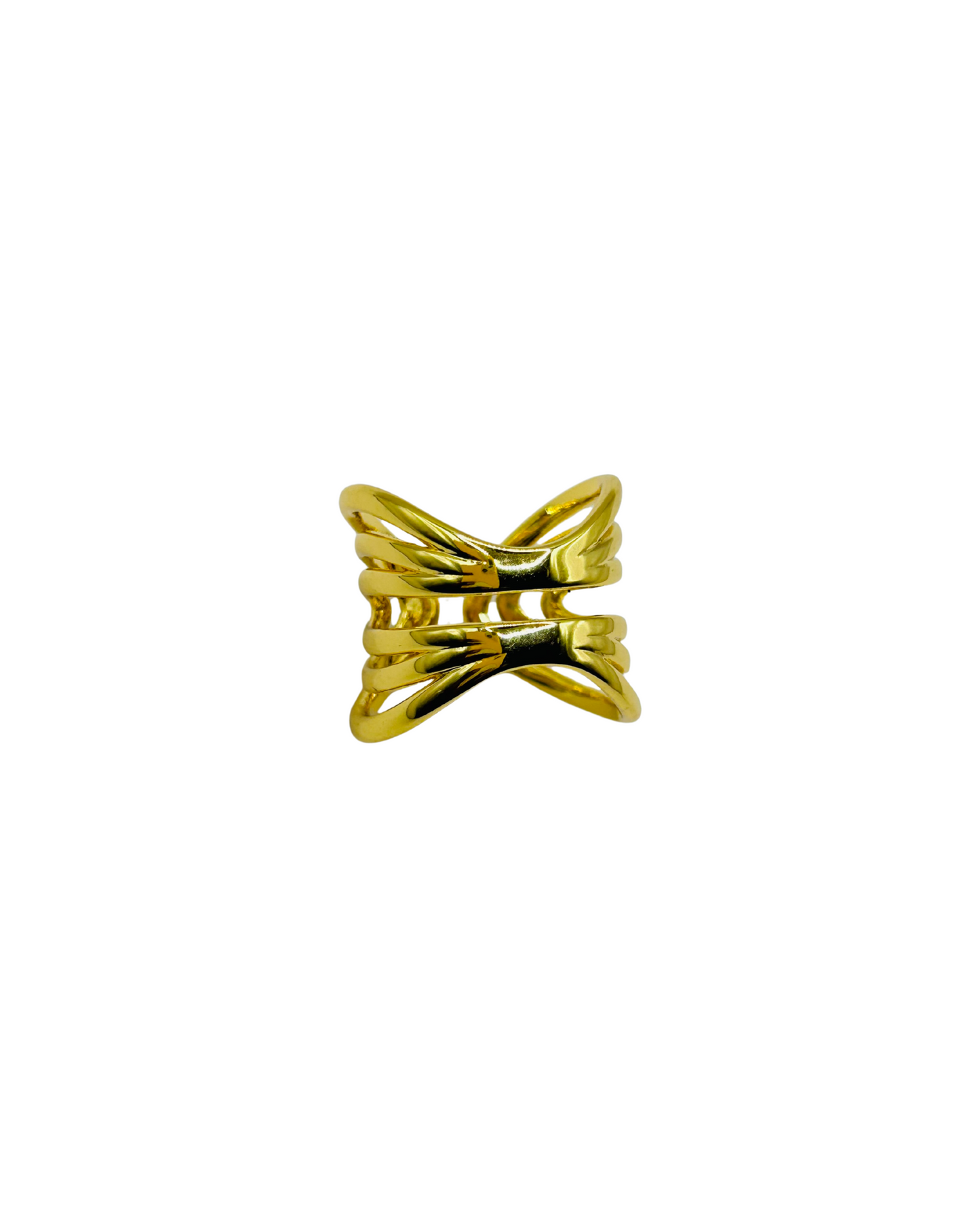 Gold ring with a unique design on a white background