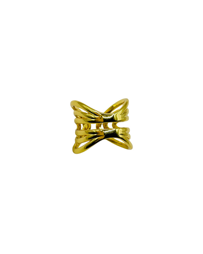 Gold ring with a unique design on a white background