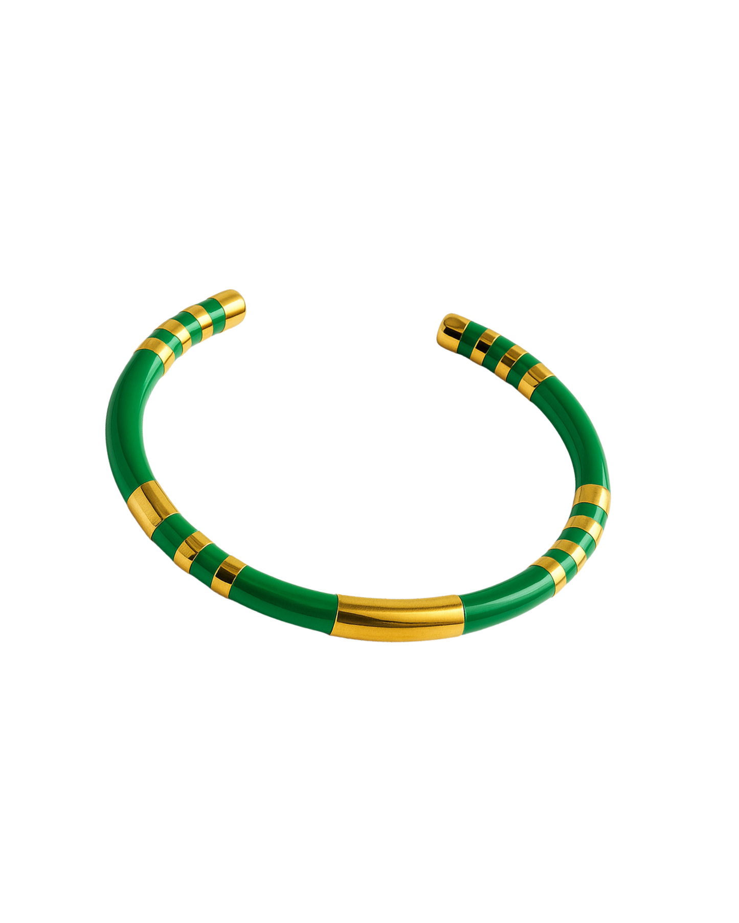 Elodie Cuff in green enamel with gold-tone segments on white background. Green and gold bangle on a white background.