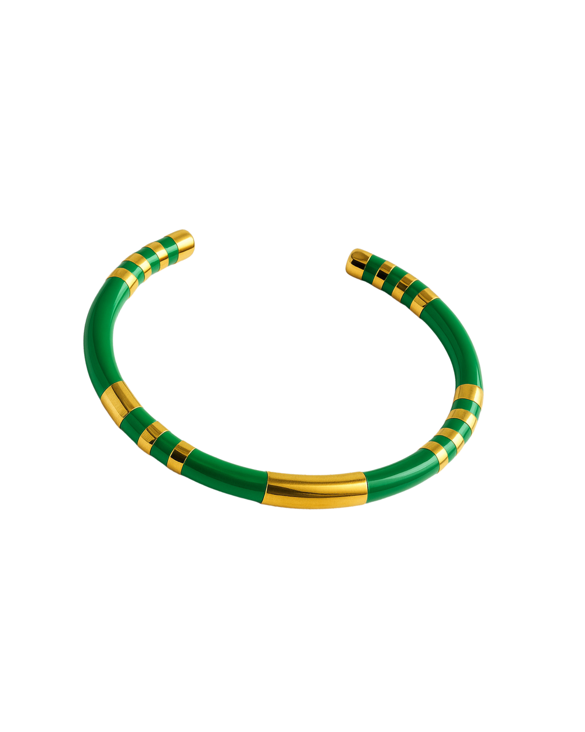 Elodie Cuff in green enamel with gold-tone segments on white background. Green and gold bangle on a white background.
