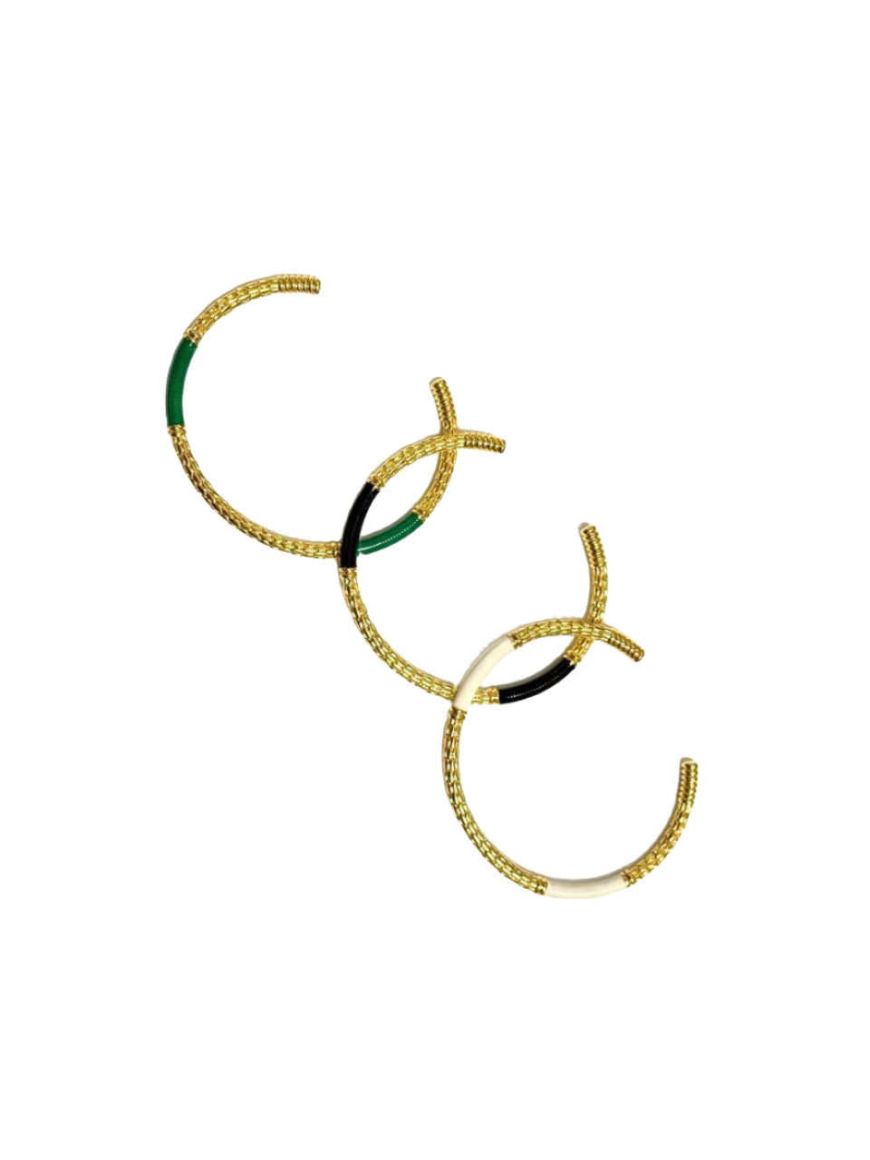 An 18k gold plated c-shaped cuff bangle bracelet with gold-tone metalwork and green oil-based enamel detailing.
