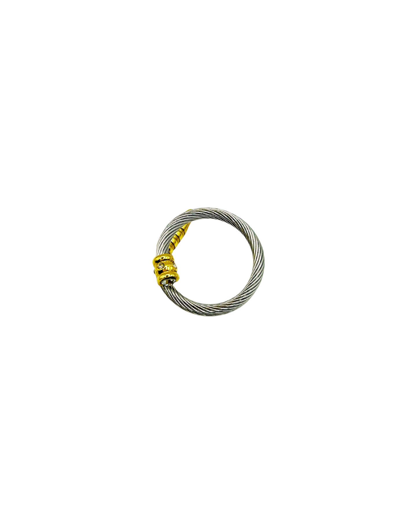Coiled cable with yellow connector on a white background