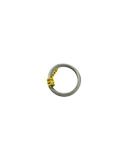 Coiled cable with yellow connector on a white background