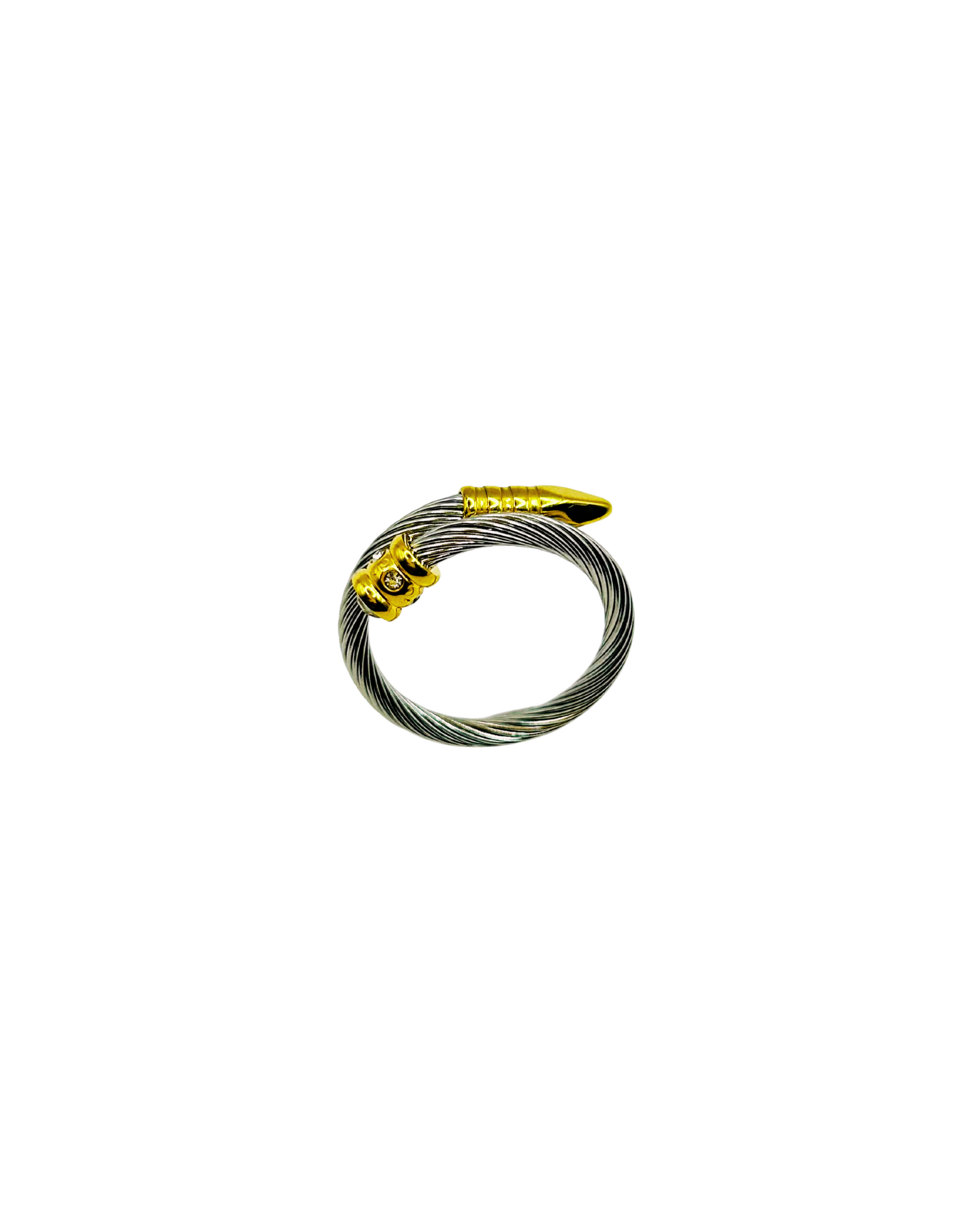 Coiled bicycle wire with yellow connectors on a white background