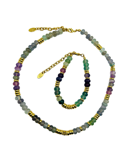 Necklace with multicolored beads and gold accents on a white background