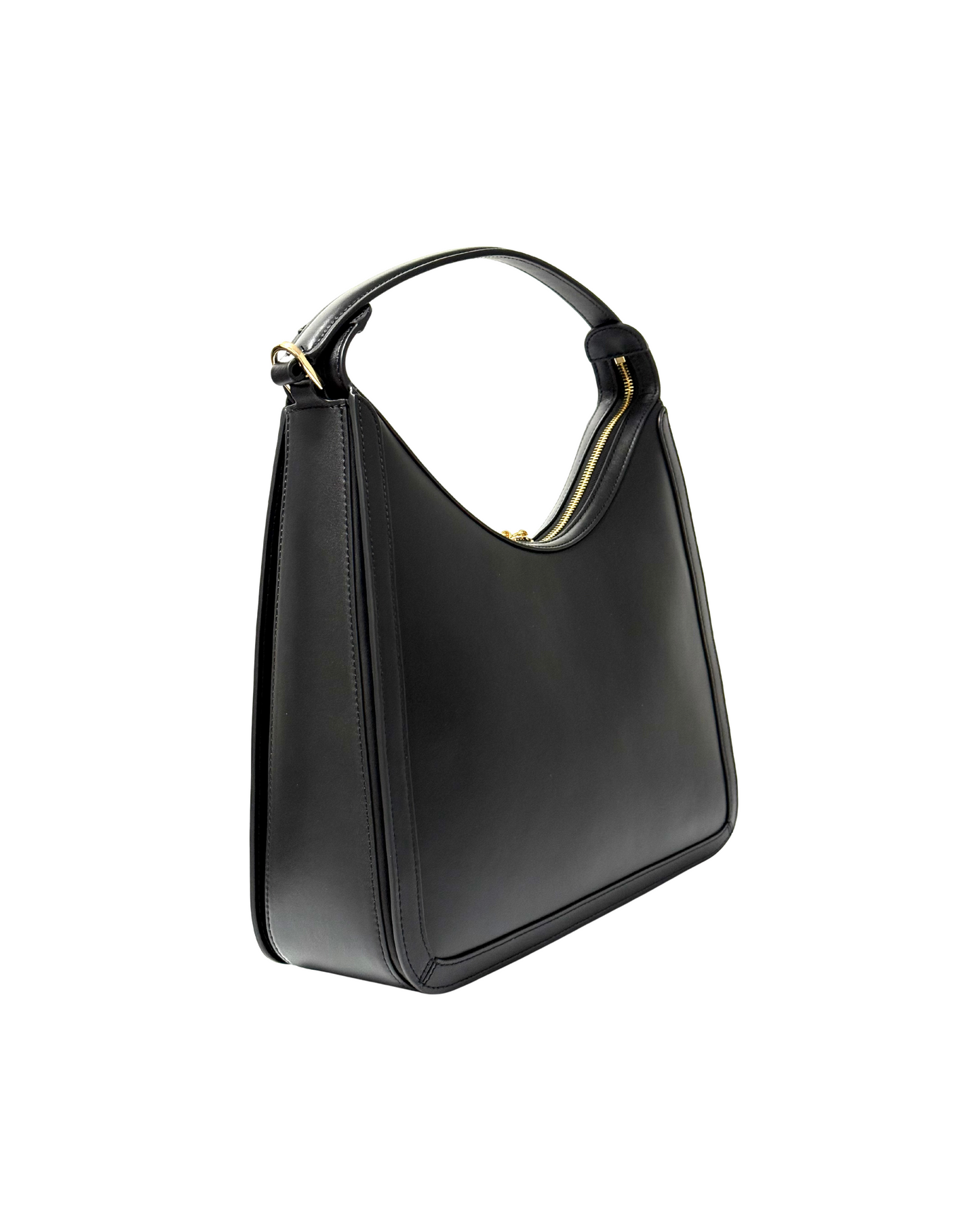 Black handbag on a white background.