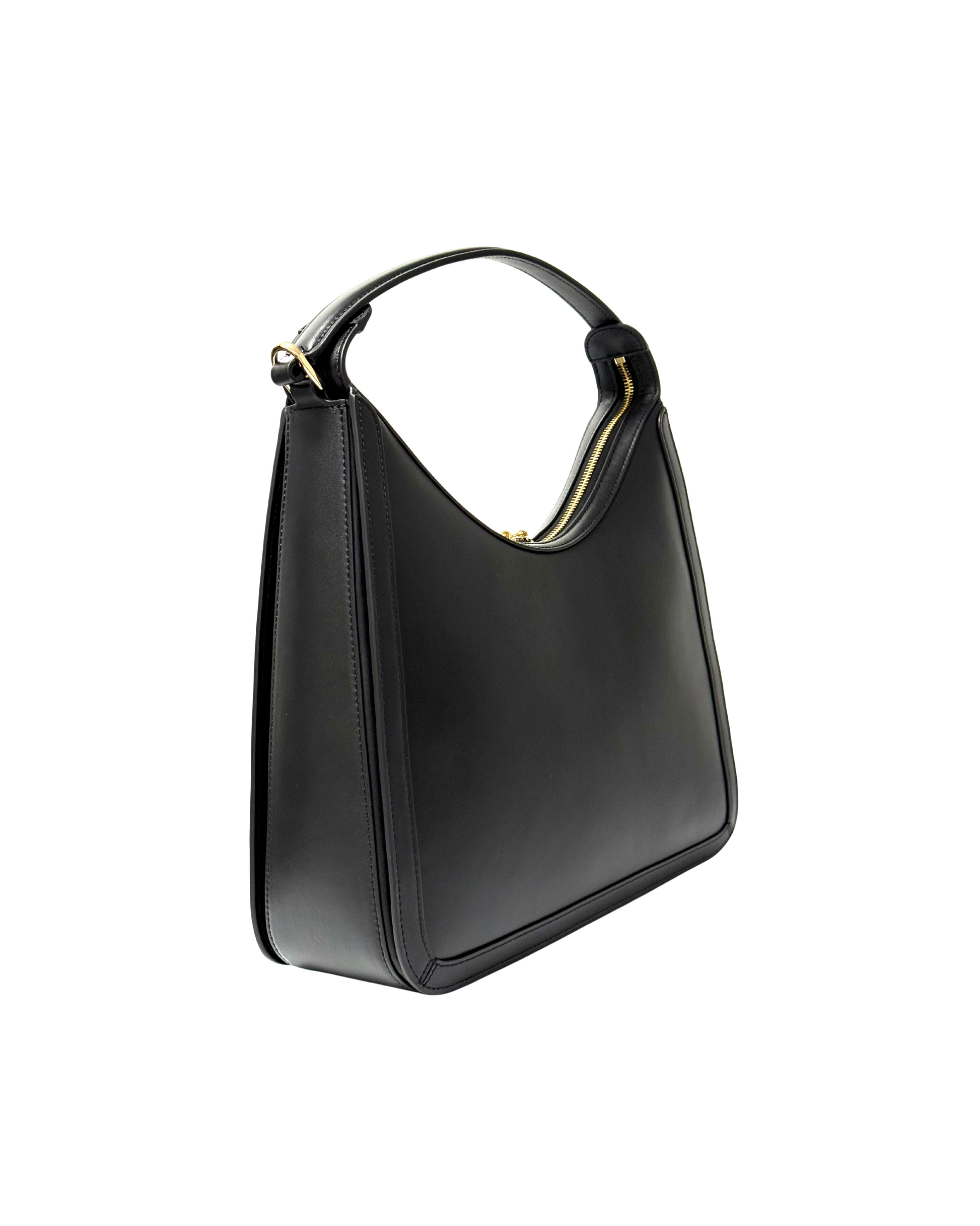 Black handbag on a white background.