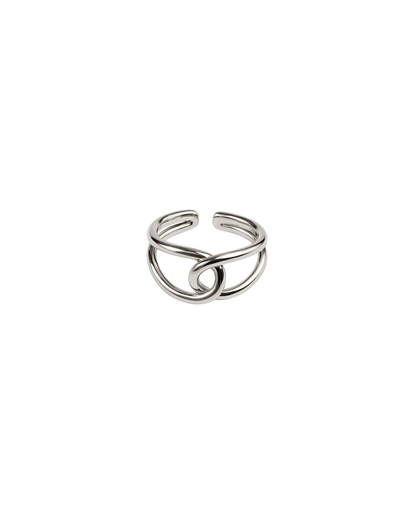 Silver ring with a unique design on a white background