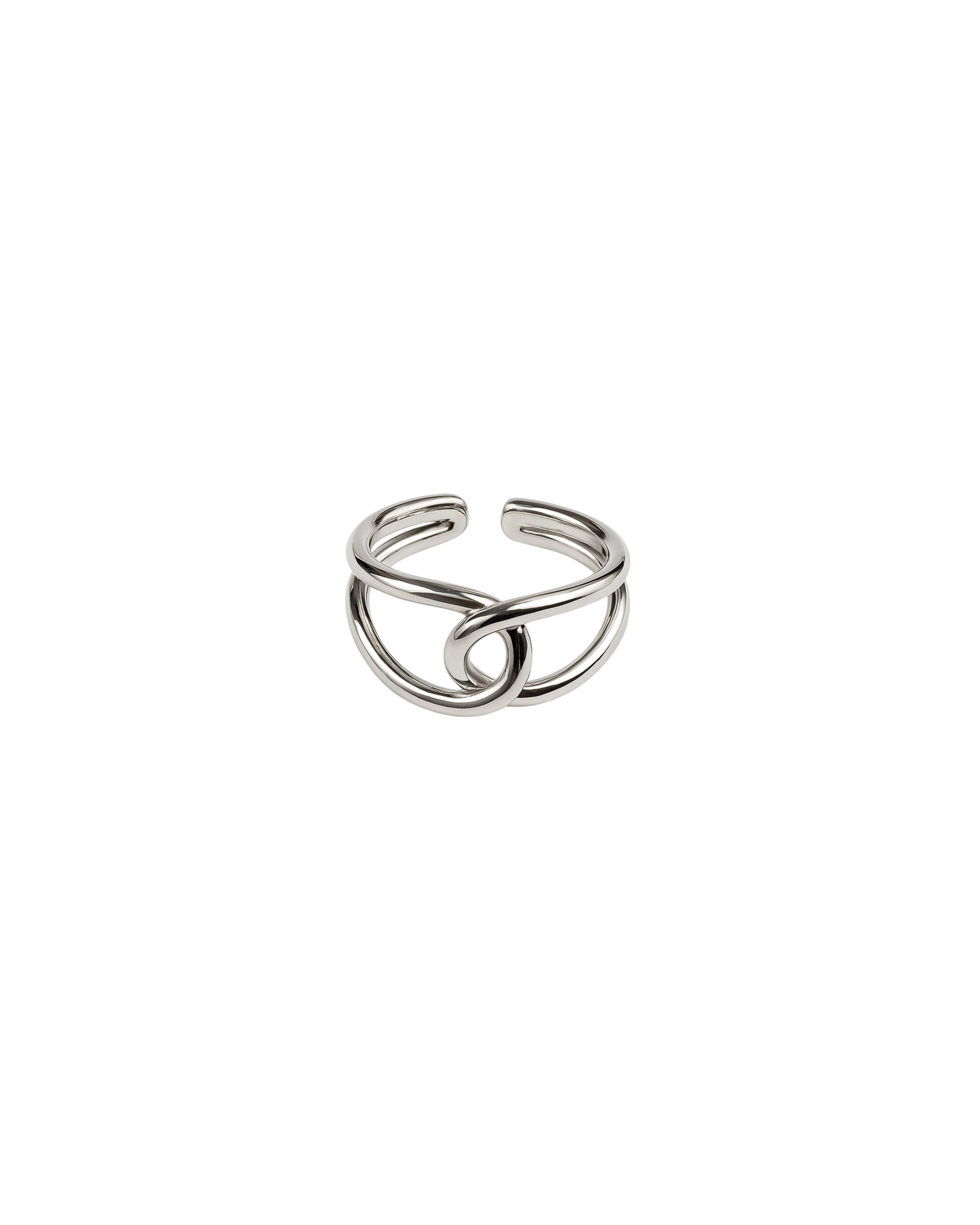 Women silver ring with a unique design on a white background. Close-up of silver Bria Ring with modern geometric spiral shape.