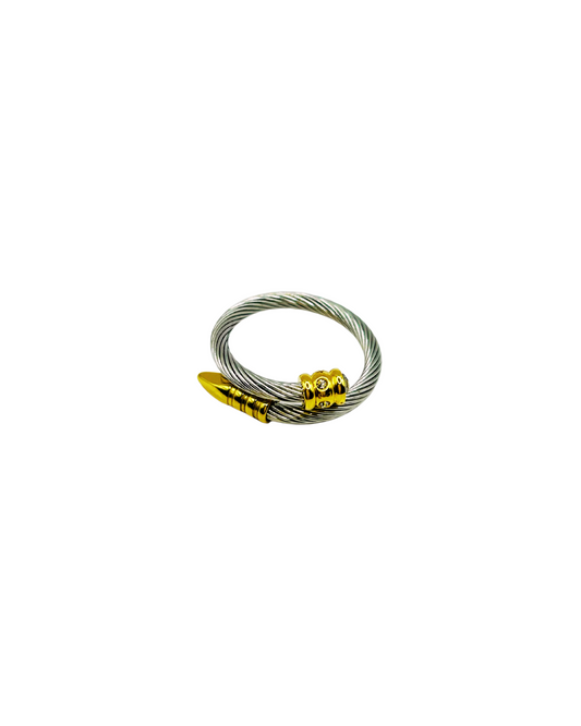 Silver cable ring with gold accents and crystal detail – Nola Ring by Miriama. Adjustable stainless-steel cable ring with gold ends – Nola Ring