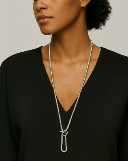 Model wearing Sylvia Necklace – everyday minimalist gold jewelry. Long necklace.