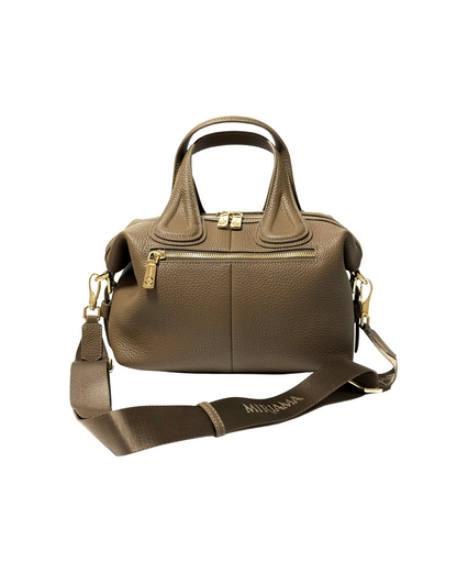 Female brown handbag with gold accents on a white background