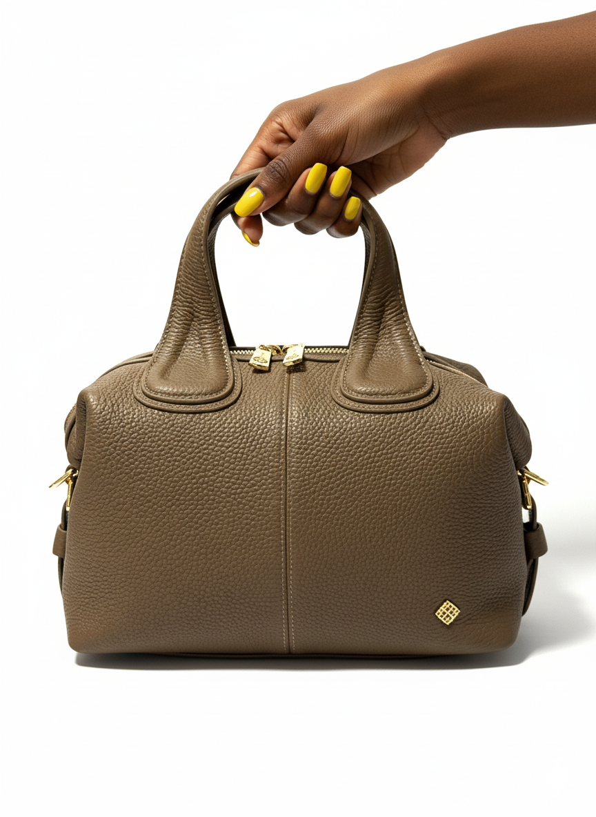 Female Taupe Maya Handbag front view with gold hardware and top handles.