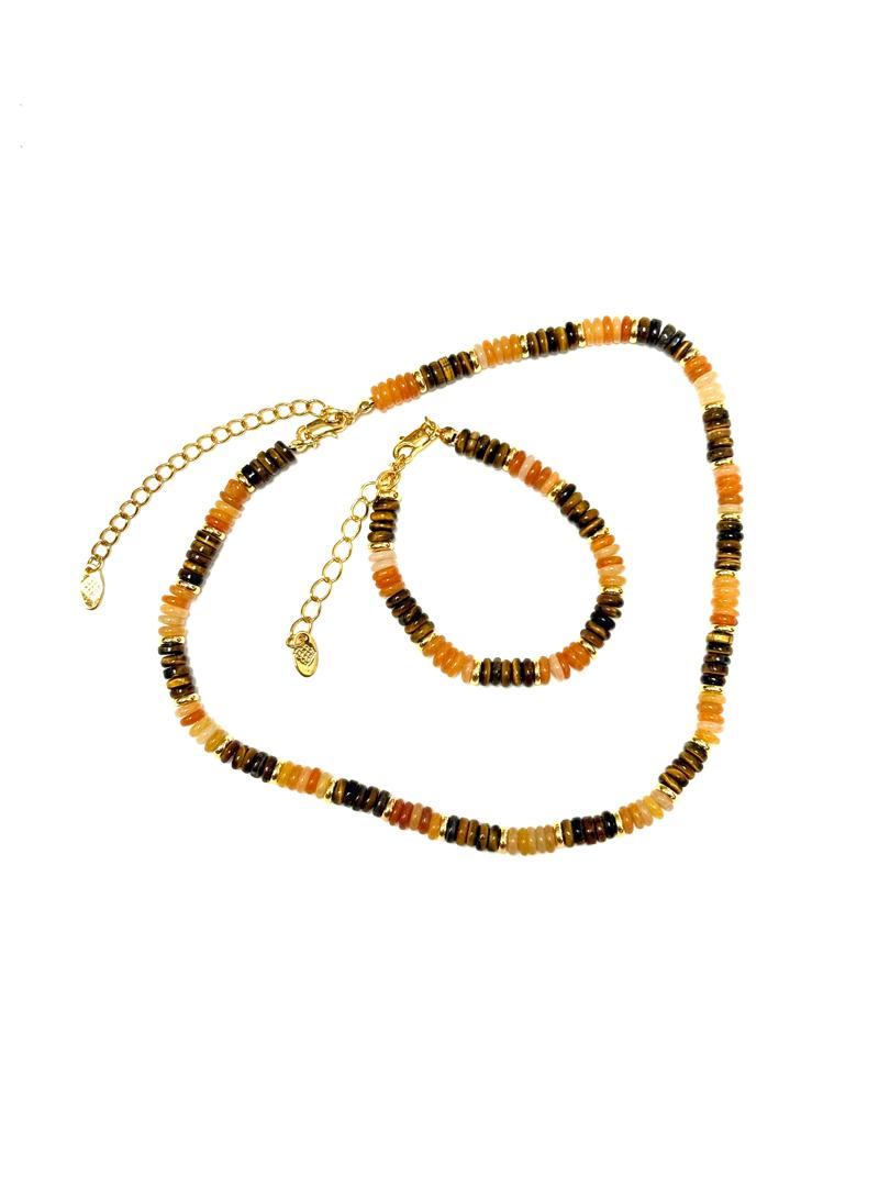 A set of jewelry featuring a necklace and bracelet with amber, brown, and gold colors, composed of tiger-eye beads and gold plating.